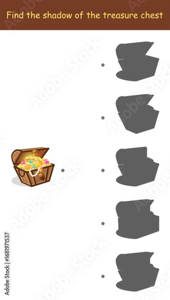 Fototapeta Find the shadow of the treasure chest. Maze game. Open chest with gold coins, gems, jewelry. Cartoon vector illustration for children's entertainment, activity book.