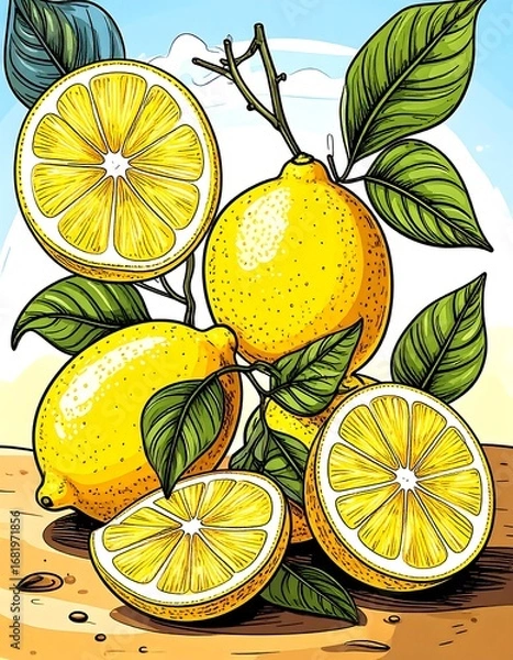 Fototapeta A vibrant still life showcasing a collection of juicy lemons, their vibrant yellow hues contrasted against the rich, earthy tones of the wooden surface.