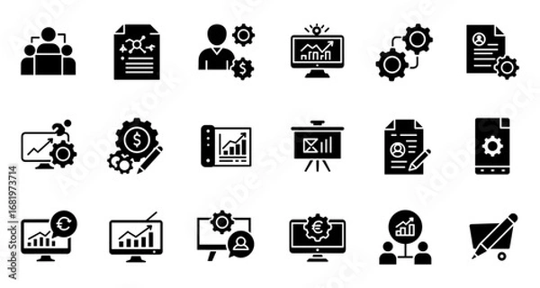 Fototapeta Business infographic icons set featuring charts, graphs, and management concepts in bold silhouette design