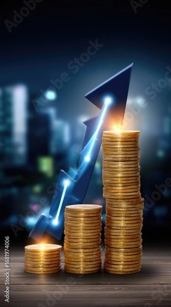 Obraz Golden coin stacks symbolize financial prosperity with a bright blue upward arrow indicating business growth. Money savings increase on a wooden surface,