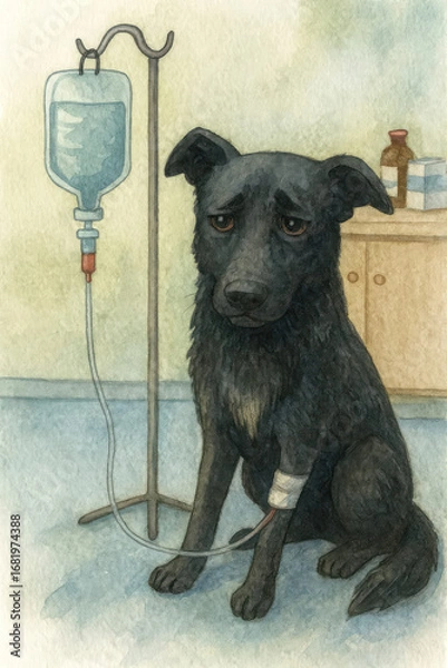 Fototapeta Watercolor illustration of a sick dog in a veterinary clinic. The black dog with a sad expression in his eyes sits on the floor with an IV drip. 