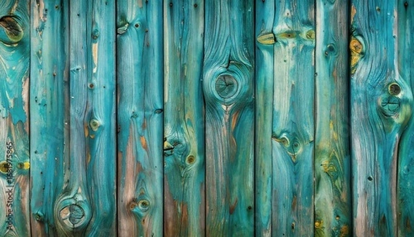 Fototapeta A weathered wooden surface displays vertical planks in a teal and natural woodgrain pattern, highlighting the aged and distressed beauty of the boards.