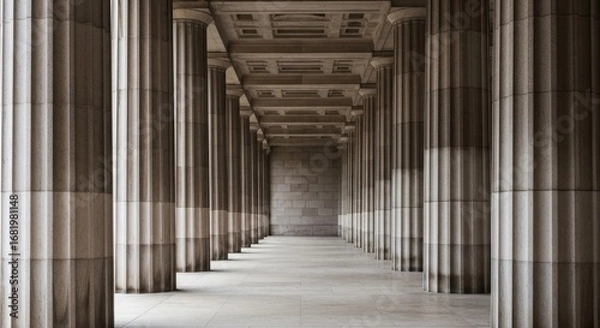 Fototapeta Majestic stone columns in symmetrical architectural hallway