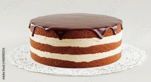 Fototapeta Chocolate ganache layer cake on lace doily with cream filling