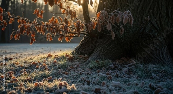 Fototapeta Sunlit frost-covered tree trunk with autumn leaves in morning glow