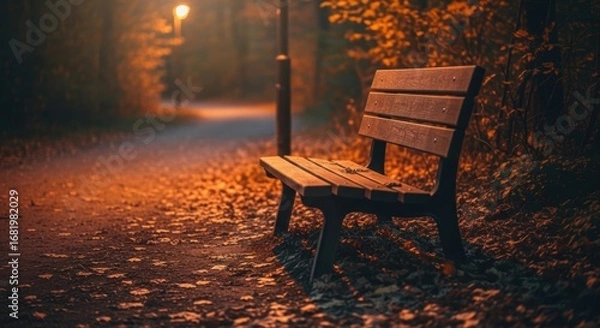 Fototapeta Empty park bench on autumn path with warm streetlight glow