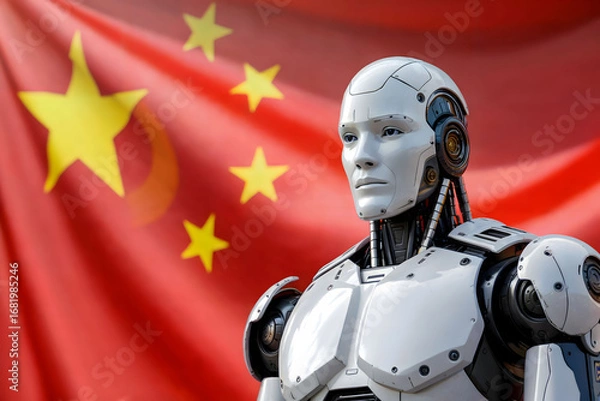 Fototapeta Advanced Humanoid Robot Posed Before Chinese Flag Representing Future Technology, National Power, and AI-Driven Innovation