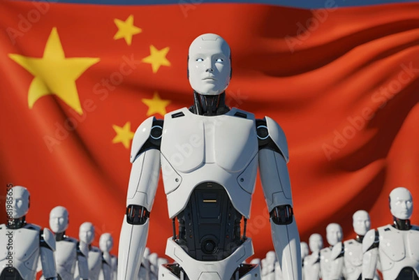 Fototapeta Stark White Humanoid Robots in Precise Formation Before Chinese Flag, Symbolizing Unity, Strength, and the Rise of AI-Driven Technological Power in China