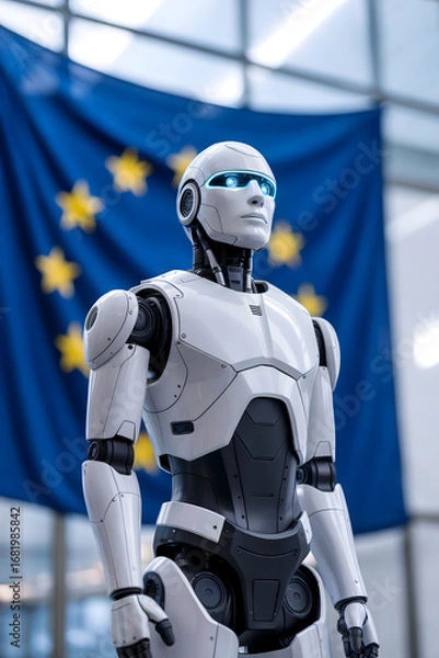 Fototapeta Futuristic White Humanoid Robot with Glowing Blue Eyes Stands Before EU Flag, Symbolizing European Vision for Ethical and Advanced AI Integration