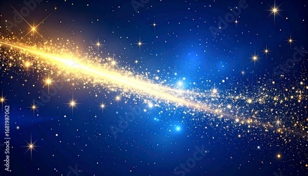 Fototapeta A dazzling celestial display features a luminous streak of golden light across a dark blue night sky, filled with twinkling stars.