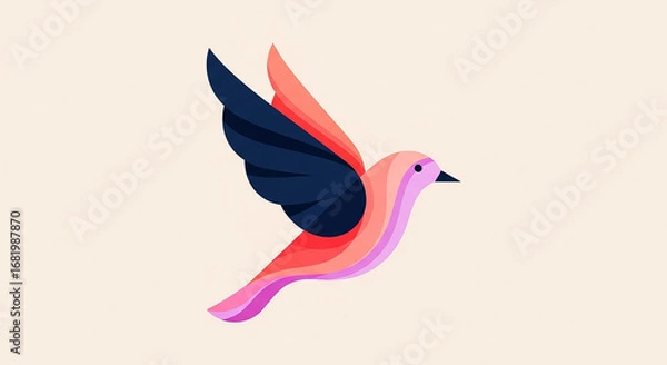 Fototapeta Colorful bird flying with spread wings: minimalist vector illustration
