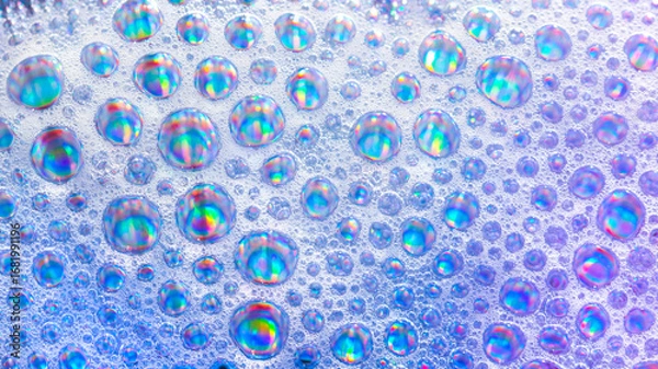 Fototapeta Abstract iridescent soap bubbles, colorful holographic foam texture, clean liquid bubble background