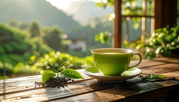 Fototapeta A vibrant cup of green tea sits on a rustic wooden table, overlooking a lush tea plantation, bathed in morning light.