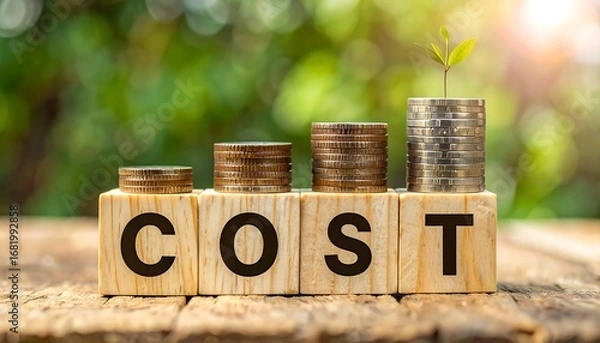 Fototapeta Wooden blocks spelling out the word "cost" with stacks of coins illustrating increasing costs, set against a blurred green background, a small plant atop the highest stack of coins, and natural...