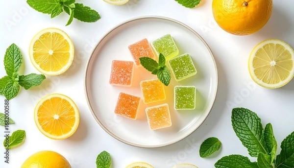 Fototapeta Vibrant citrus-flavored fruit jellies arranged on a plate, surrounded by sliced lemons and oranges, and fresh mint leaves on a white background.