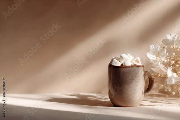 Fototapeta minimalist christmas celebration atmosphere in usa featuring single mug of steaming hot chocolate topped with