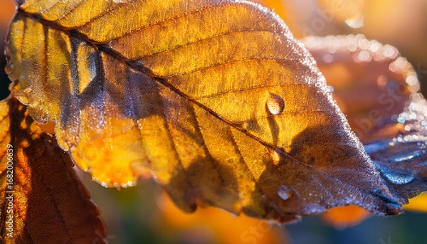 Fototapeta Close-up shot of a textured autumn leaf covered in morning dew, with autumnal color orange and blue tones. The sunlight highlights the intricate vein structure, creating a beautiful contrast.