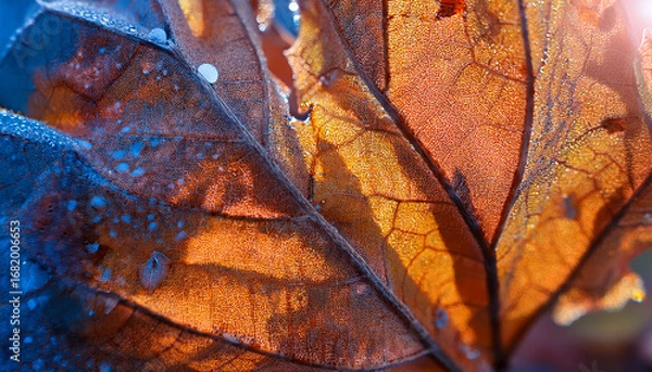 Fototapeta Close-up shot of a textured autumn leaf covered in morning dew, with vibrant orange and blue tones. The sunlight highlights the intricate vein structure, creating a beautiful contrast.