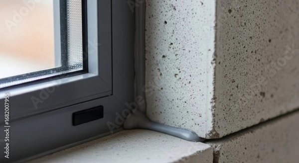 Fototapeta Window sealant application on concrete block wall for improved insulation