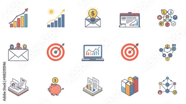 Fototapeta A comprehensive vector icon set with flat illustrations for business, finance, and web design