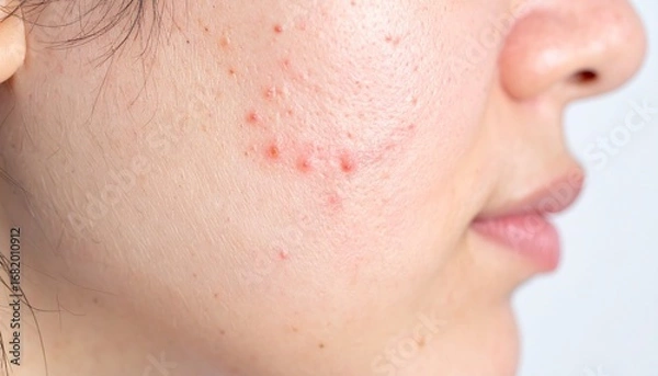 Obraz Side profile close-up of a person's cheek showing a combination of acne and acne scars. Perfect for skin care, dermatology, and beauty advertisements.