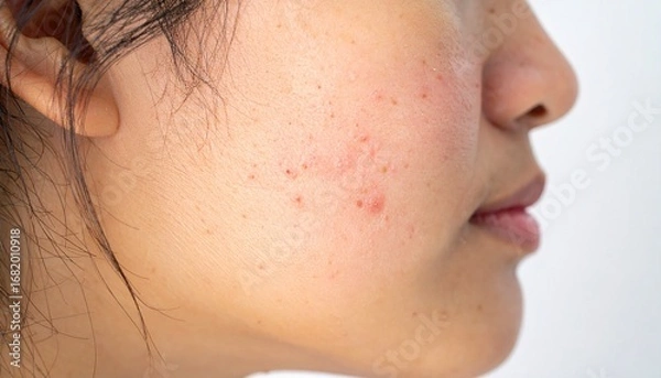 Obraz Side profile close-up of a person's cheek showing a combination of acne and acne scars. Perfect for skin care, dermatology, and beauty advertisements.