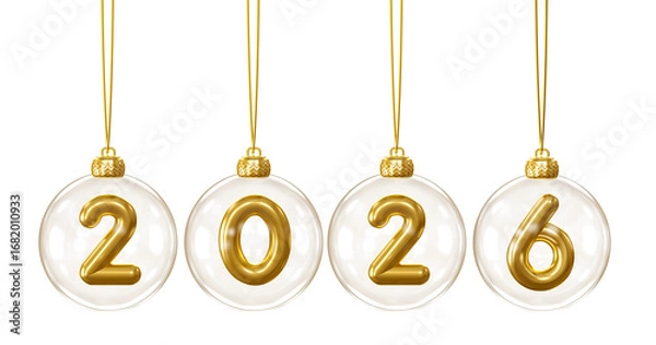 Obraz Golden Numbers Inside Christmas Baubles 2026 in 3D render with transparent background