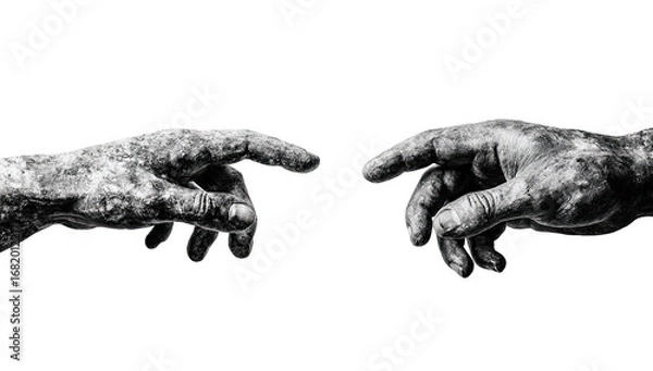 Obraz Two hands, grayscale, reaching, almost touching, against black background