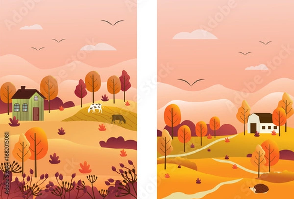 Obraz Autumn rural landscape with house and trees. Rural scene with path and hedgehog. Panorama of autumn nature. Wooden houses in the countryside surrounded by forest. Vector illustration
