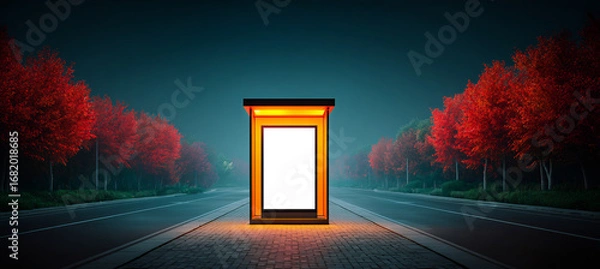 Obraz Editable Vertical Billboard Mockup a Bus Stop at Night A Blank Screen Template with a Glowing Frame for Public Advertisements outdoor digital billboard template