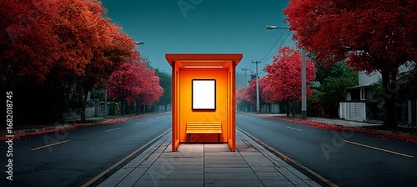Obraz Blank editable  Billboard Mockup an Autumn Bus Stop A Customizable Digital Signage Template for Public Space Advertisements