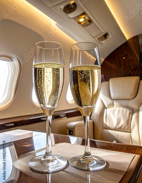 Fototapeta Two champagne flutes filled with sparkling wine, elegantly positioned on a tray inside a luxurious private jet cabin.