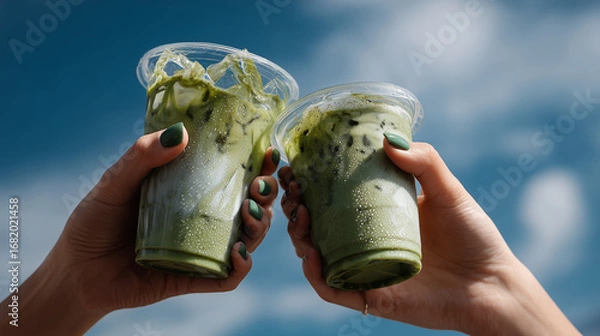 Obraz female hands making a toast with iced matcha drinks