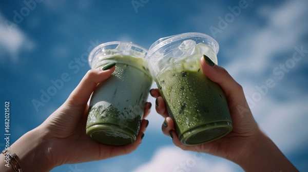 Obraz hands holding iced matcha drinks in plastic cups