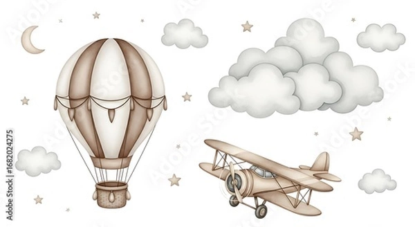 Fototapeta Whimsical Vintage Adventure Featuring a Hot Air Balloon and Biplane Soaring Through a Dreamy Sky with Clouds Stars and a Crescent Moon