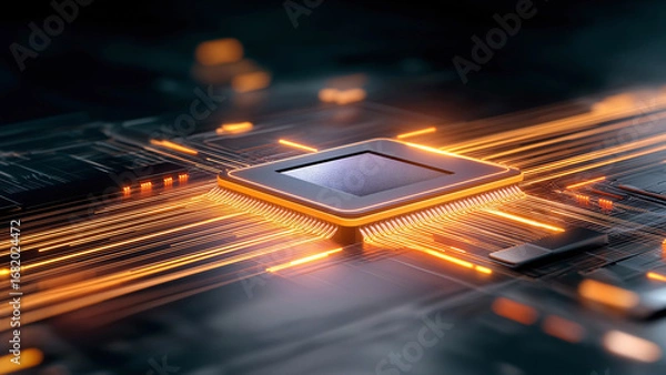 Fototapeta Futuristic Glowing CPU Chip Accelerating Digital Revolution with Neon Energy and a Board Placed on Top of Computer Motherboard AI	
