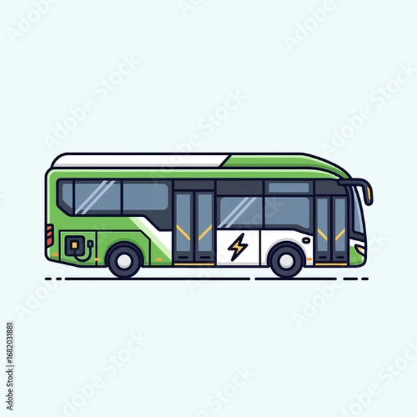 Fototapeta Green and white bus side view illustration on a light blue background.