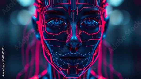 Fototapeta Deepfake A digital face with red and blue lines representing artificial intelligence and deepfake te