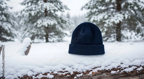 Fototapeta Cozy navy blue beanie hat resting on a snow-covered log in a tranquil, frosty winter forest landscape