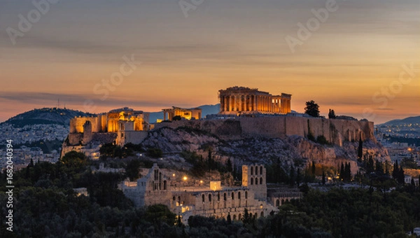 Fototapeta A stunning view of the Acropolis and the Parthenon in Athens, Greece, during sunset or dusk. The ancient ruins are beautifully illuminated with golden light, standing proudly on a rocky hill.