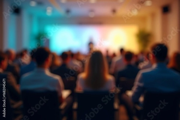 Fototapeta Generative AI: Blurred Audience at a Conference Presentation.
