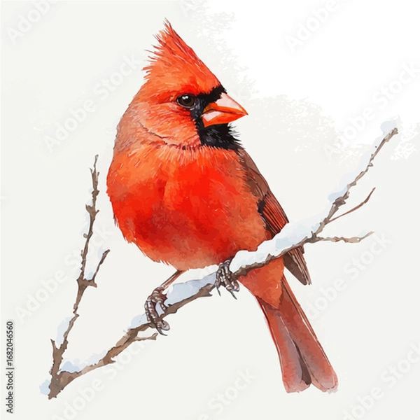 Fototapeta Red Cardinal On Snow Branch, watercolor drawing vector, isolated on a white background.