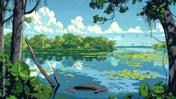 Fototapeta A colorful illustration of a tropical river with dense greenery and forest along the banks. The water reflects a blue sky with white clouds, dotted with water lilies and aquatic plants.  