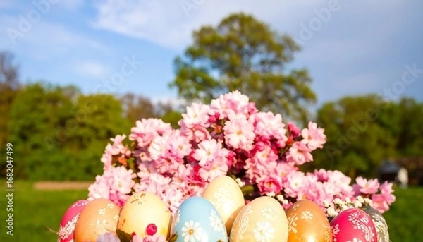 Fototapeta Easter eggs and pink blossoms in a garden