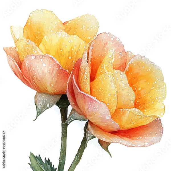 Fototapeta watercolor vector of Raindrops On Petals, isolated on a white background.