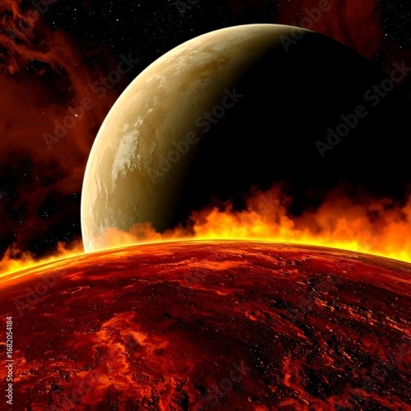Fototapeta Fiery planet with a neighboring celestial body