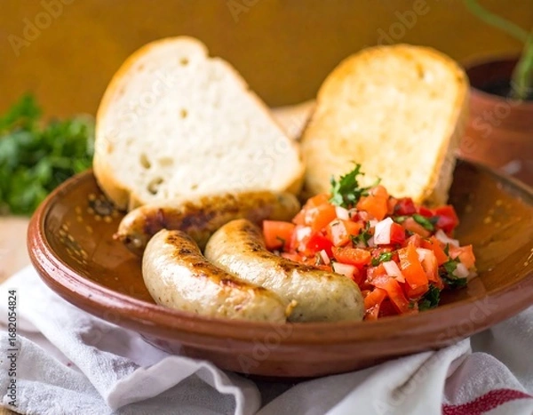 Fototapeta Grilled sausages, bread, and salsa on a plate