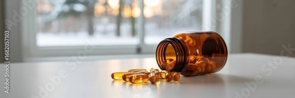 Fototapeta Closeup shot of an open bottle of omega3 fish oil capsules spilling onto a white table in front of a bright window
