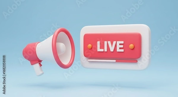 Fototapeta Pink and white megaphone announces live streaming event with bold red live graphic on blue