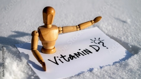 Fototapeta Vitamin d concept with wooden figure in snow, highlighting the importance of sunlight exposure for health and wellness